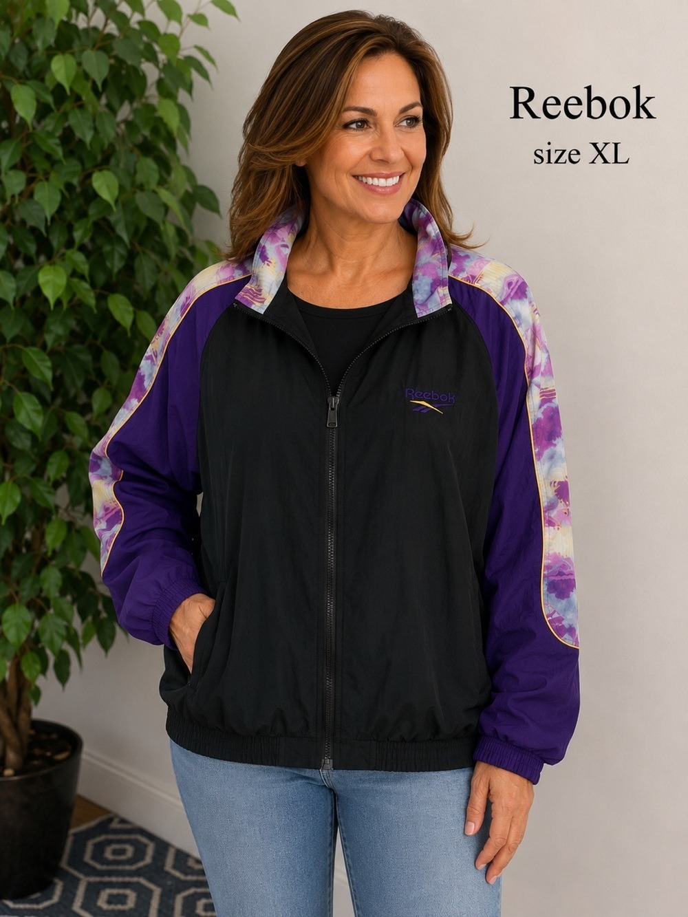 Reebok Vintage Colorblock Windbreaker Jacket XL Purple Black Full Zip Retro 90s